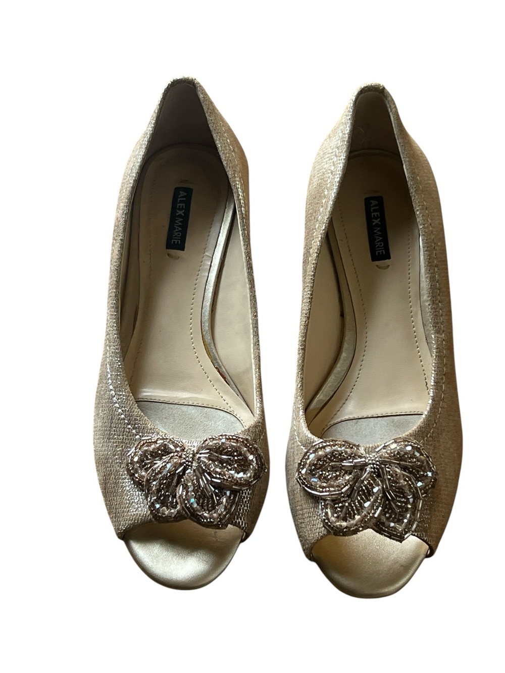 Alex Marie Goldish Light Brown Peep-Toe Heels with Beaded Bow Accent Size 7 M